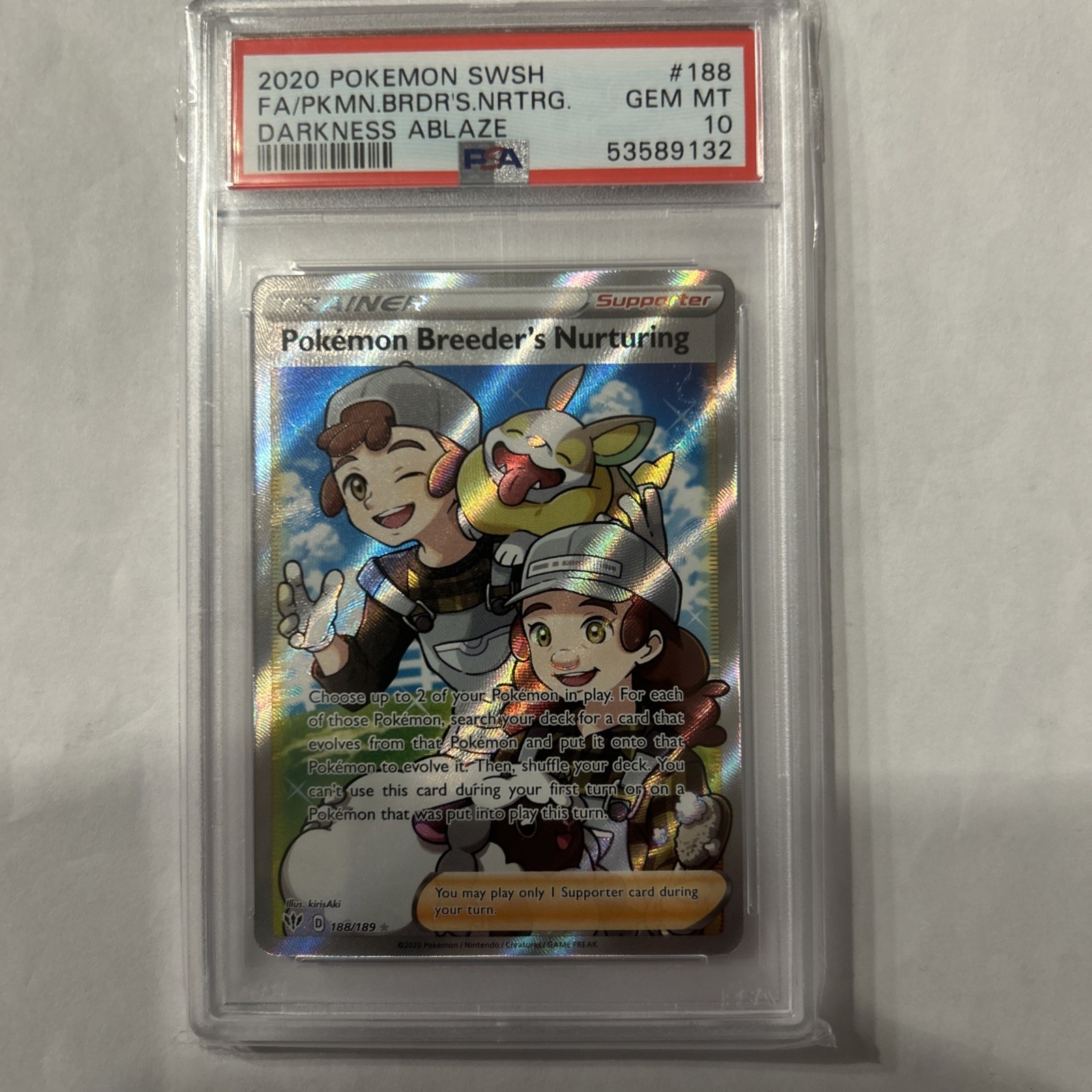 Pokemon Breeders Nurturing 188/189. GEM MINT PSA 10. (SWSH Darkness Ablaze)