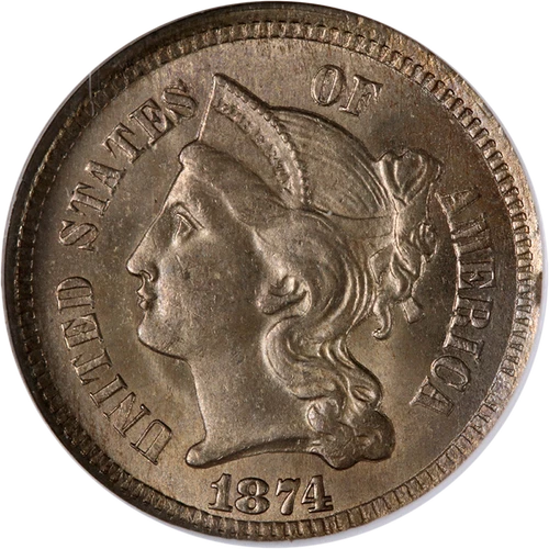 1874 Three (3) Cent Nickel NGC MS64 Great Eye Appeal Nice Strike