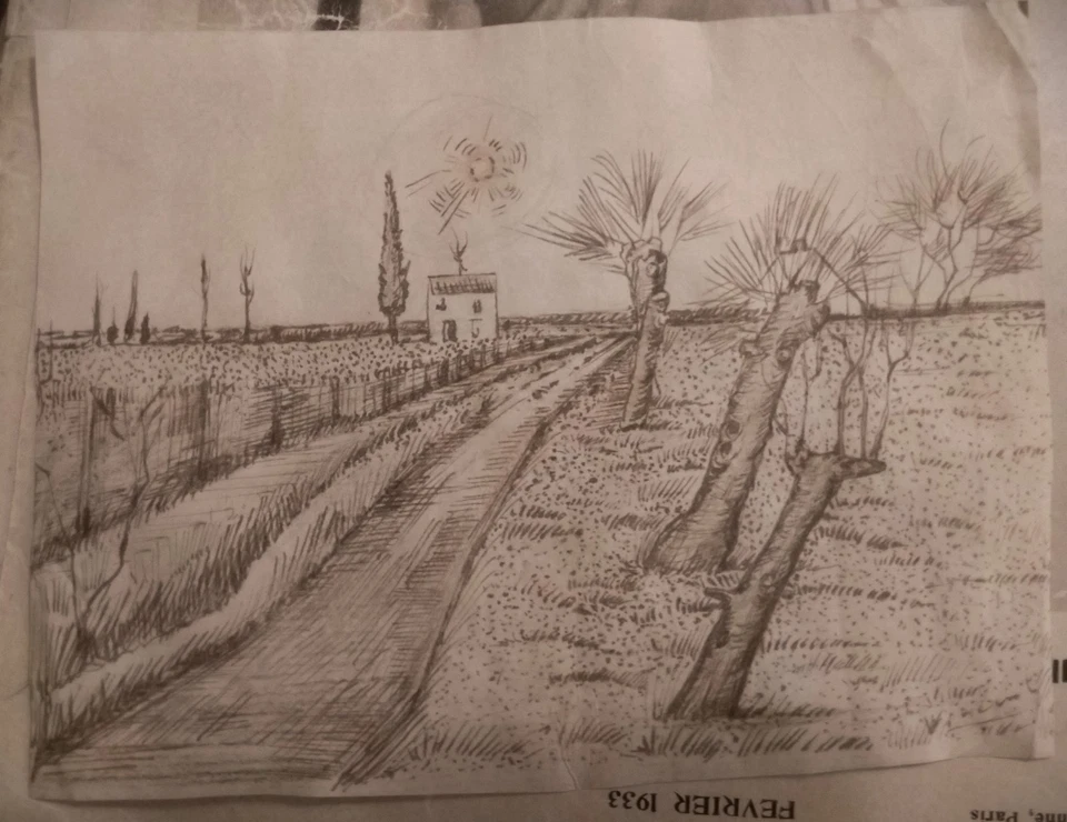 VINCENT VAN GOGH Paisaje Rural Dibujo a Mano en Tinta sobre Papel Firmado Foto 2 de 4