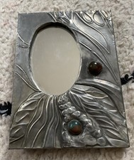 Modern Art Nouveau Style Pewter Finish Table Mirror Frame Cabochon Stones