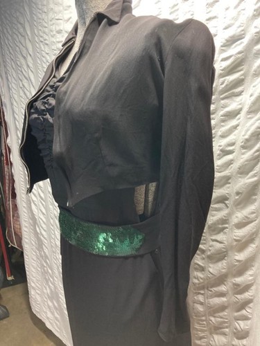 Vintage 1930s Black Crepe Rayon Maxi Dress Bolero Jacket Emerald Sequin Trim Sm - Picture 6 of 12