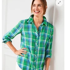 Talbots Cotton Button Front Shirt Foliage Plaid Green Petite Women's Size MP