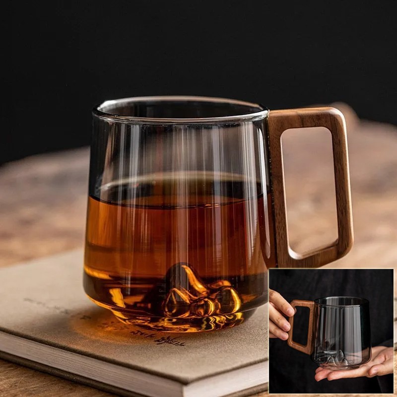 Gobelets à boire en verre Guanshan à poignée latérale en bois à une seule couche