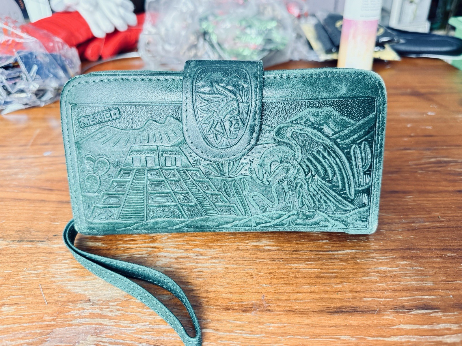 Mexican Green Rectangular Hand-Tooled Leather Boh… - image 11