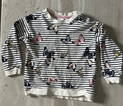 H&M Girls Size 2 White/Black Striped Butterfly Pullover Sweatshirt Long Sleeve