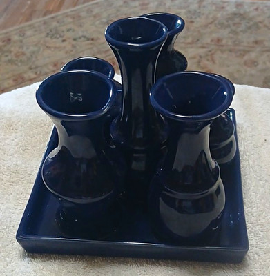 Blue Ceramic Multi Bud Vase Set w/ Square Tray, Glossy Art Pottery, 94301.32