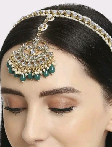 Indian Bollywood Wedding Gold Tone Kundan & Pearls Bridal Matha Patti Maangtikka - Picture 3 of 4