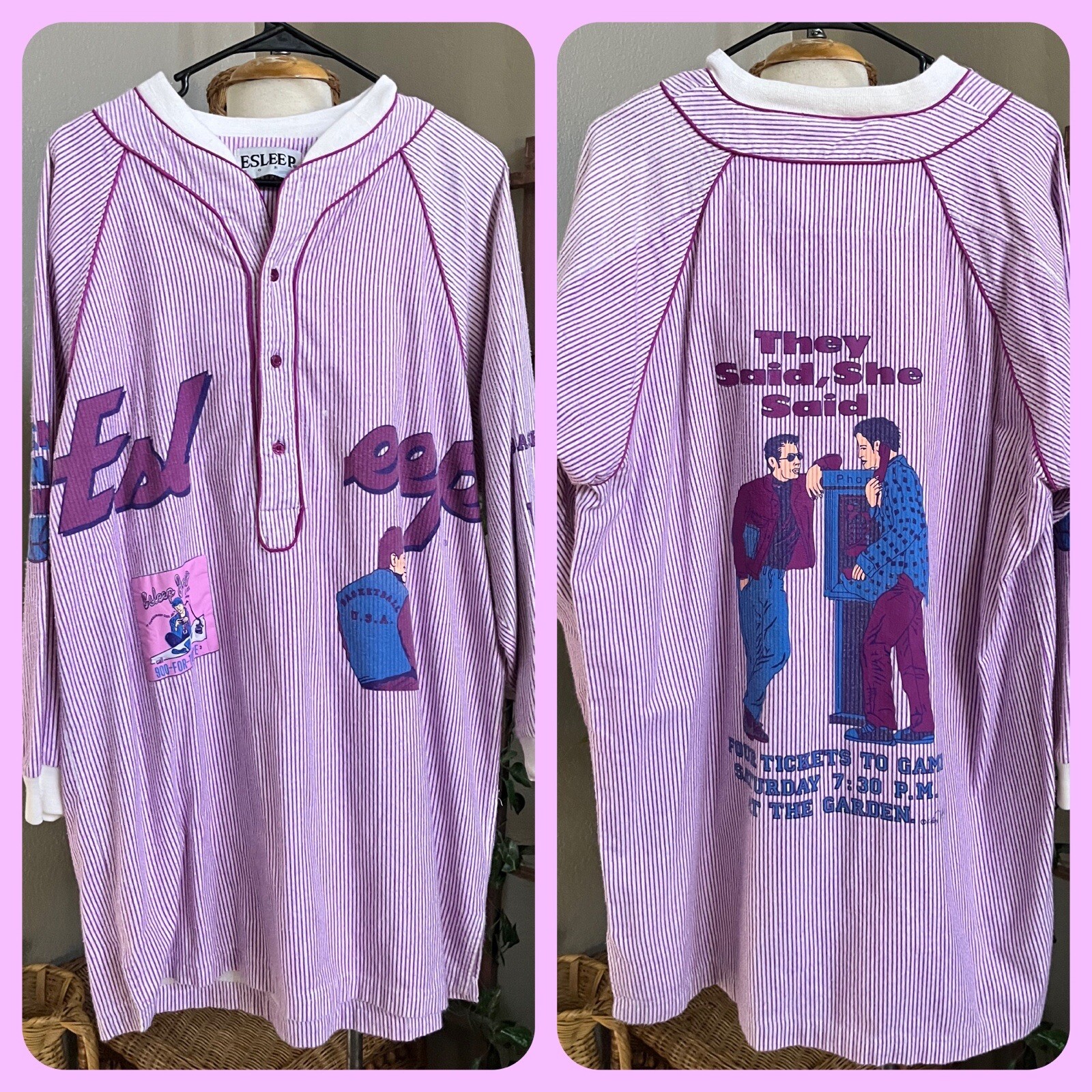 RARE VTG 90s Retro ESleep Pinstripe ButtonDown Oversized Pajama Shirt