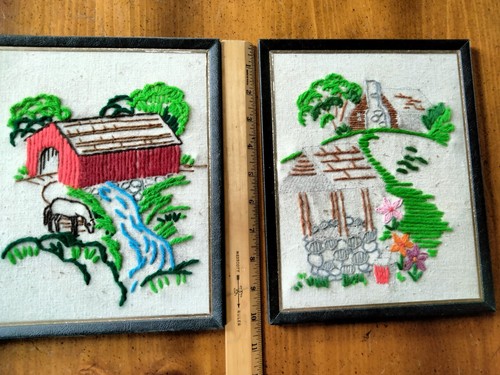 Set of 2 Vintage 1970's Crewel Embroidery Framed Wall Hangings 8"x10" 1 not comp - Picture 2 of 12