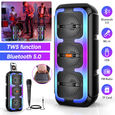 Double Portable PA Bluetooth  5.0 Speaker Subwoofer Sound System DJ Party MIC FM