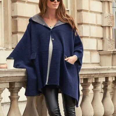 Seraphine Maternity Cape Hooded Double Face Knit Snaps Denim Grey Women's L/XL