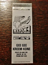 Vintage Matchcover: Gee Gee Kreem Kone, Baker, WV Frozen Custard    11