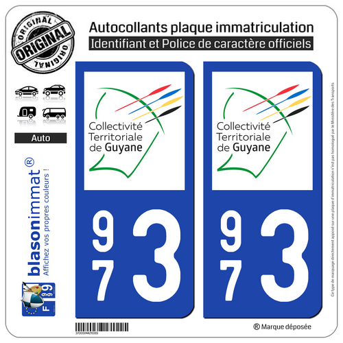 2 Stickers autocollant plaque immatriculation : 973 Guyane LogoType II - Picture 1 of 9