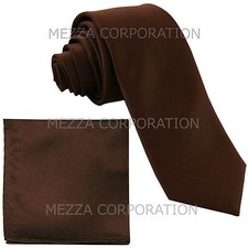 New Vesuvio Napoli Men's 2.5" skinny necktie hankie set party solid brown