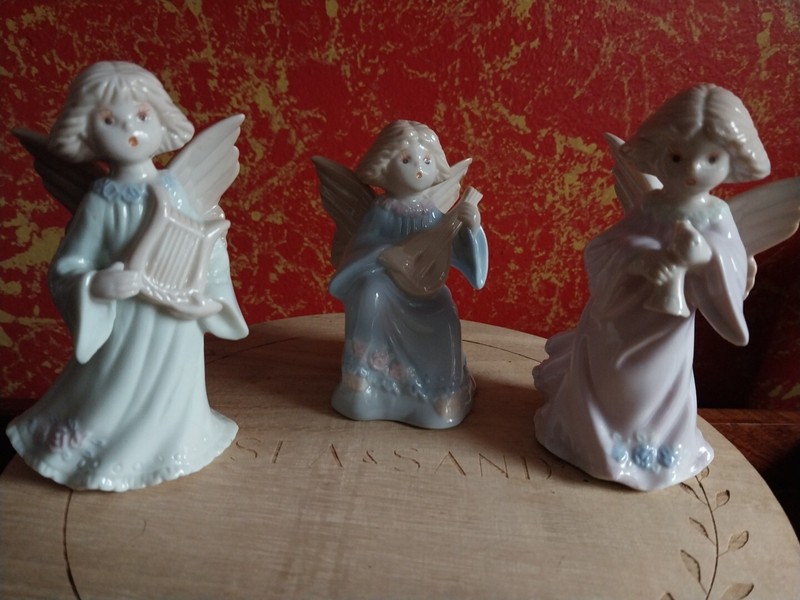 Set of 3 Christmas Musician Horn Harp Singing Pastel Porcelain Angel Figurines