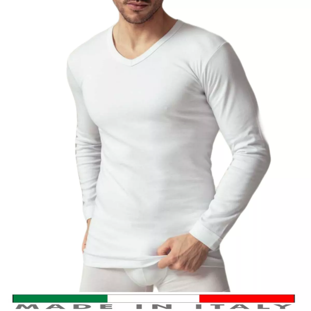 Maglia Intima Uomo Lana e Cotone Manica Lunga Scollo V Termica