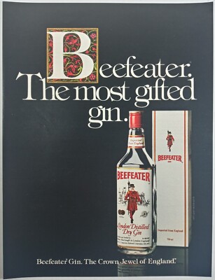 1980's BEEFEATER Gin Most Gifted Bottle Jewel England Colorful Vtg Print Ad