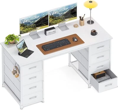  ﻿ ODK 48 Inch White Computer Desk with 8 Fabric Drawers, Modern Office White