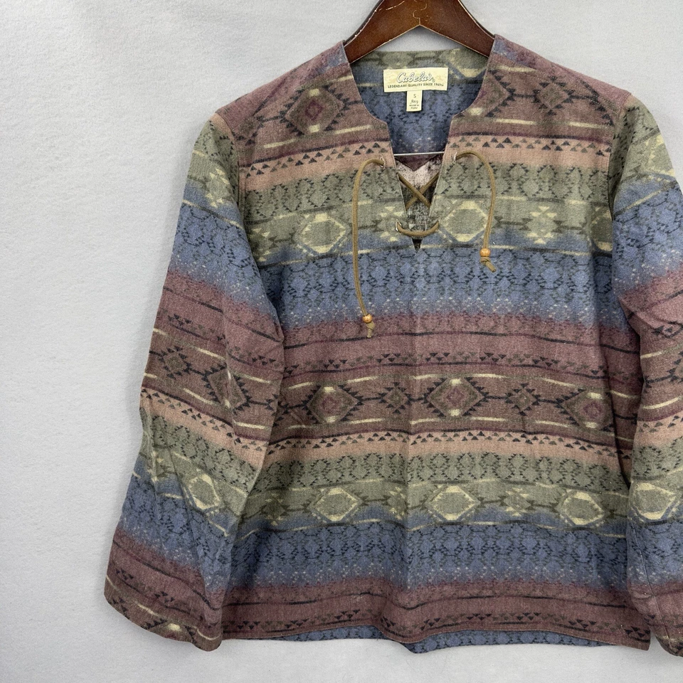 复古 Cabelas 法兰绒束腰衬衫女式小号西南毛毯 Cottagecore — 第 2/4 张图片