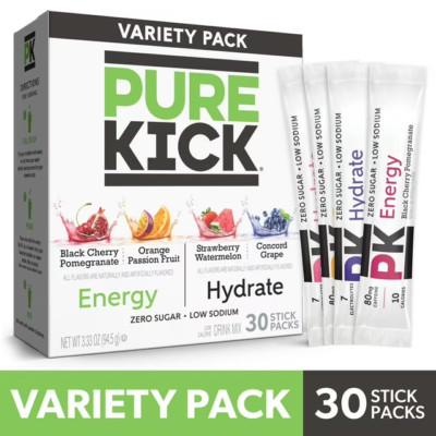 Pure Kick Energy & Hydration Powder Drink Mix Variety Pack, 30 Count Packets