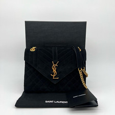 Saint Laurent YSL Medium Envelope Bag in Black Quilted Suede Gold Hardware
