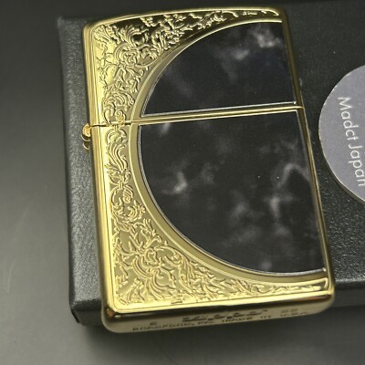 Zippo Marble Arabesque Black Gold Etching Regular Case Oil Lighter Japan
