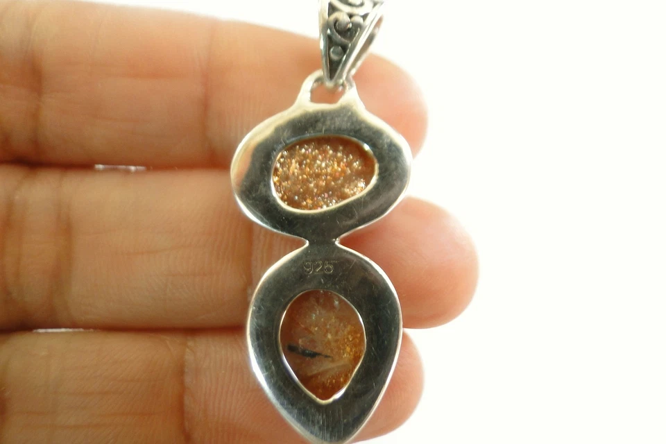 Natural Orange Sunstone Crystal Two Stone 925 Sterling Silver Pendant - Image 4 of 4