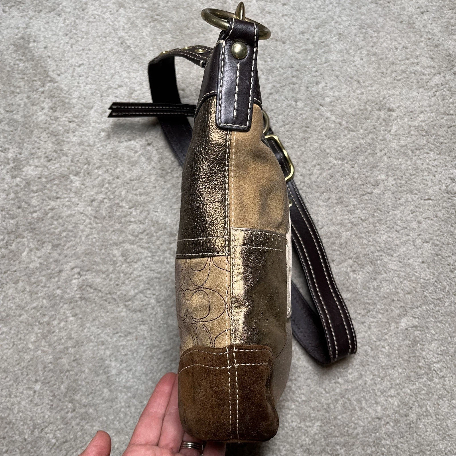 Borsa Coach vintage firmata patchwork pelle oro marrone scamosciata tracolla