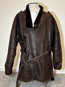 Vintage Shearling Leather Belted  Coat Brown Large