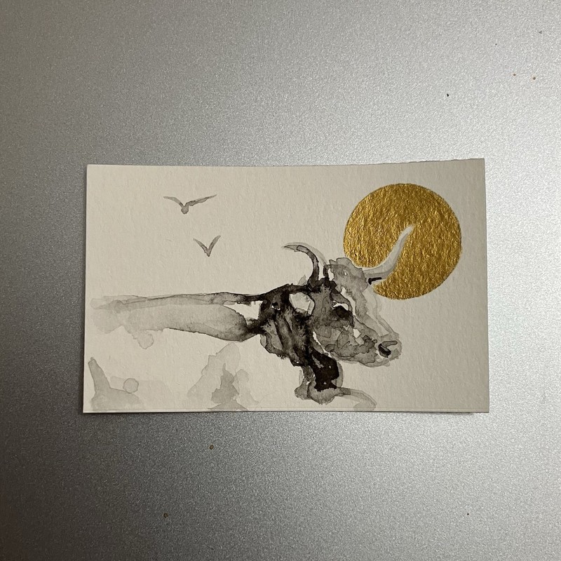 ORIGINAL Cow Painting Realism Miniature Art Sumi-e Gold Accent Farm collectible