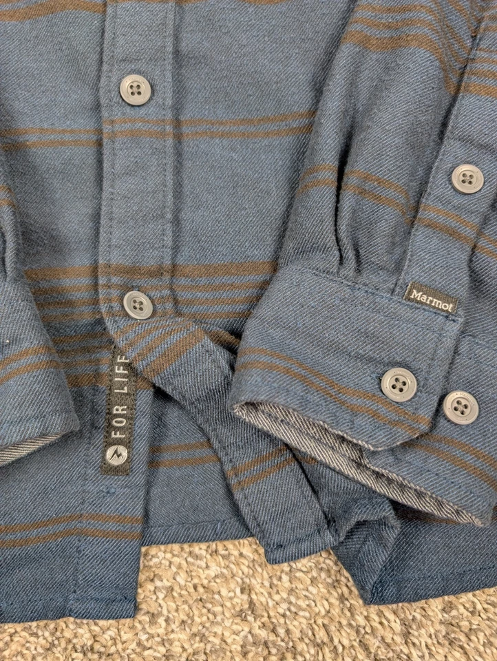 Рубашка Marmot мужская большая синяя коричневая в полоску на пуговицах фланелевая с длинным рукавом повседневная - Изображение 4 из 4