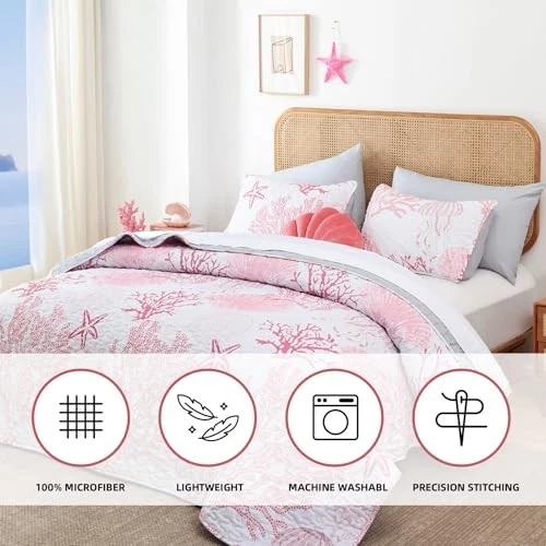  Juego de cama Coastal Edredones Tamaño - Rosa Verano Ropa de cama náutica King Rosa Coral Foto 4 de 4