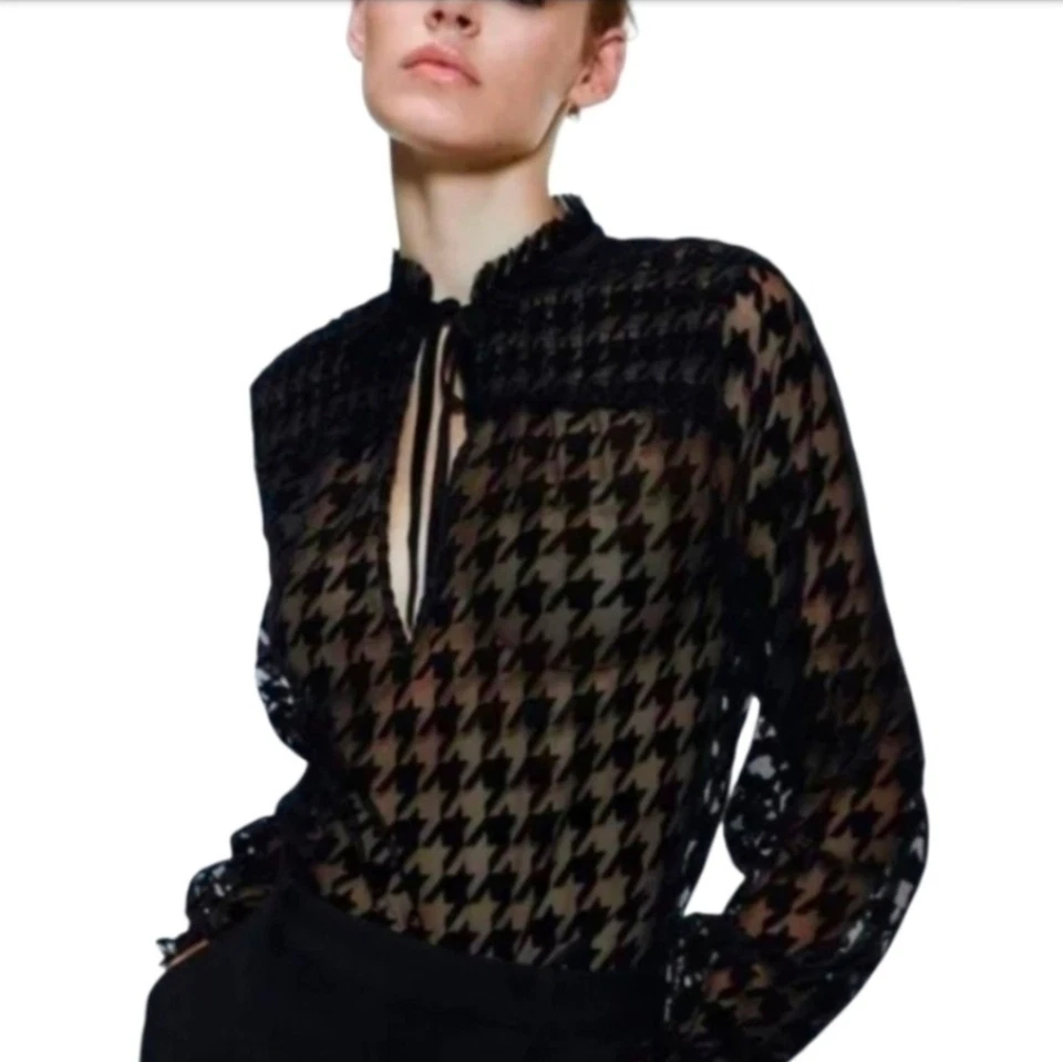 ZARA BLUSA CORBATA FLOCADA PATA DE GALLO NEGRA TRANSPARENTE Y TERCIOPELO MUJER TALLA XL Foto 3 de 4