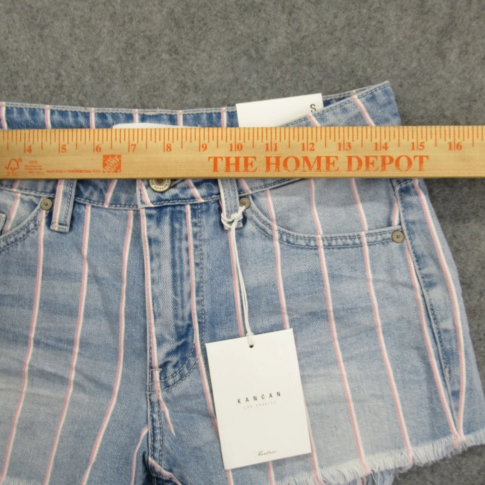 Pantalones cortos de mezclilla para mujer KanCan talla S azul rosa a rayas tiro alto Foto 4 de 4