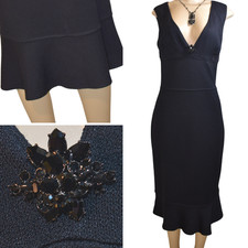 NWT 850 ST. JOHN EVENING Size 8 Black Jeweled V-Neck Ruffle Hem Dress 4082704