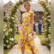 Band of Gypsies Yellow Floral High Low Faux Wrap Maxi Dress L Boho Garden Party
