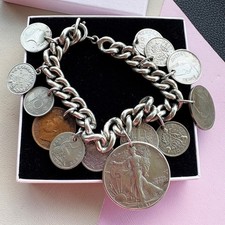 Antik + Vintage Sterling Silber 13 Münzen Bettelarmband, Liberty Queen Victoria