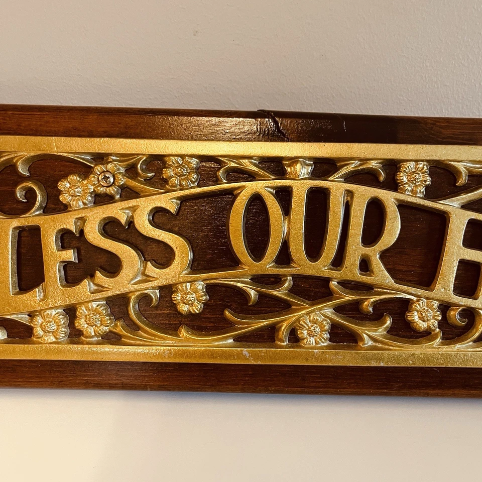 Vintage BLESS OUR HOME Brass Wood Sign God Country Farmhouse Cottage 17" - Image 2 of 4