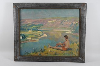 Q51C08 Antoni Bartkowski (1891 1974) Painting River Landscape with Woman Dated 1947