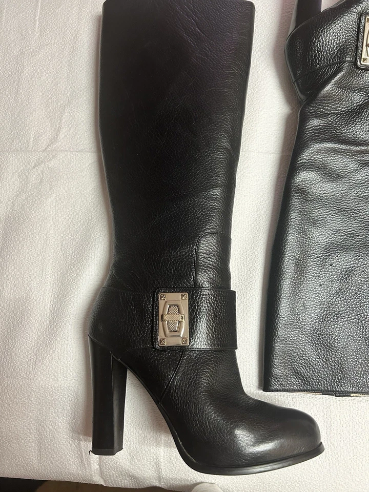 Botas Enzo Angiolini para mujer talla 7,5 cuero negro tacón alto hebilla correa cremallera Foto 4 de 4