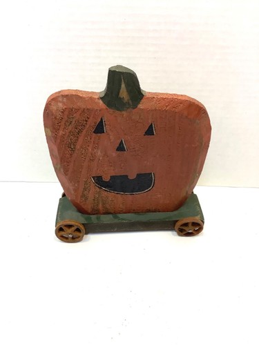 Wooden Pumpkin on Metal Wheels 8” by 8 1/2” Jack-O- Lantern - Picture 4 of 6