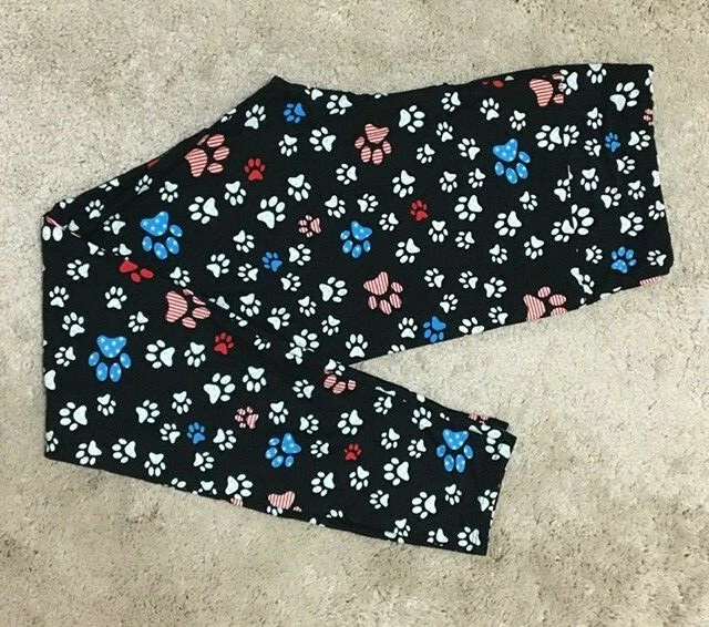 LuLaRoe Leggings ~ TC ~ Black ~ RED WHITE BLUE PAW PRINTS ~ July