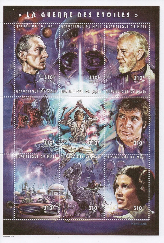 Hoja de estampillas Star Wars Luke Skywalker 5" x 7" 1997 MNH