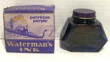 VINTAGE WATERMANS PATRICIAN PURPLE FOUNTAIN EMPTY PEN INK BOTTLE W/ BOX
