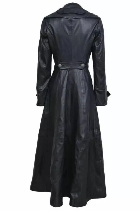Womens Leather Black Long Winter Coat Steampunk Costume Gothic Overcoat - Image 2 of 4
