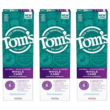 Tom's of Maine Whole Care Natural Fluoride Toothpaste Pack of 3 4oz Peppermint