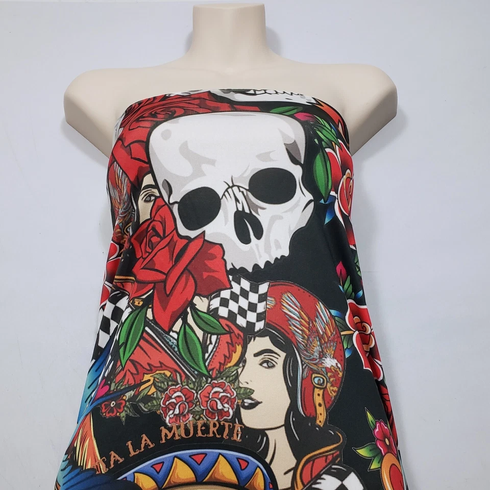 Hermoso Diseño Día de la Muerte Estampado Poli Spandex Tela Foto 4 de 4