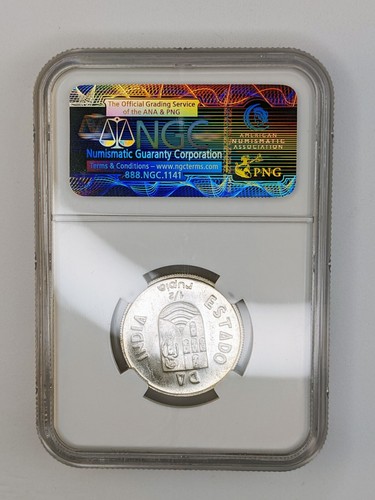 1936 India Portuguese Silver 1/2 Rupia - NGC Graded MS 64 - Picture 4 of 4