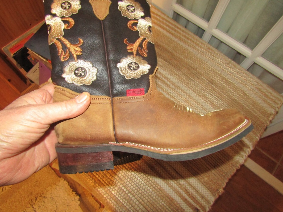 Delgado Brown Black Square Toe Floral Cowgirl Boots Women's size Mex 25