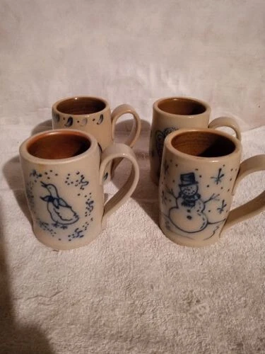 4 ROWE POTTERY MUGS/CUPS SNOWMAN DUCK ANGEL APPLE 97-2000